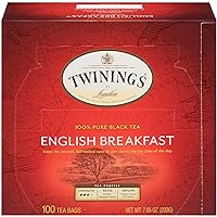 Twinings English Breakfast Black Tea, 100 Individually Wrapped Tea Bags, Smooth, Flavourful, Robust, Caffeinated