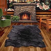 Thick Black Faux Sheepskin Area Rug - Random Shape - Cruelty Free Throw Carpet - Long Hair - 6 Sizes - Fur Accents Original (5'x6')