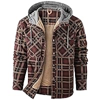 Flygo Men's Outdoor Casual Buck Camping Fleece Sherpa Lined Hooded Plaid Flannel Shirt Jacket(02 Hooded Red Coffee-XL)