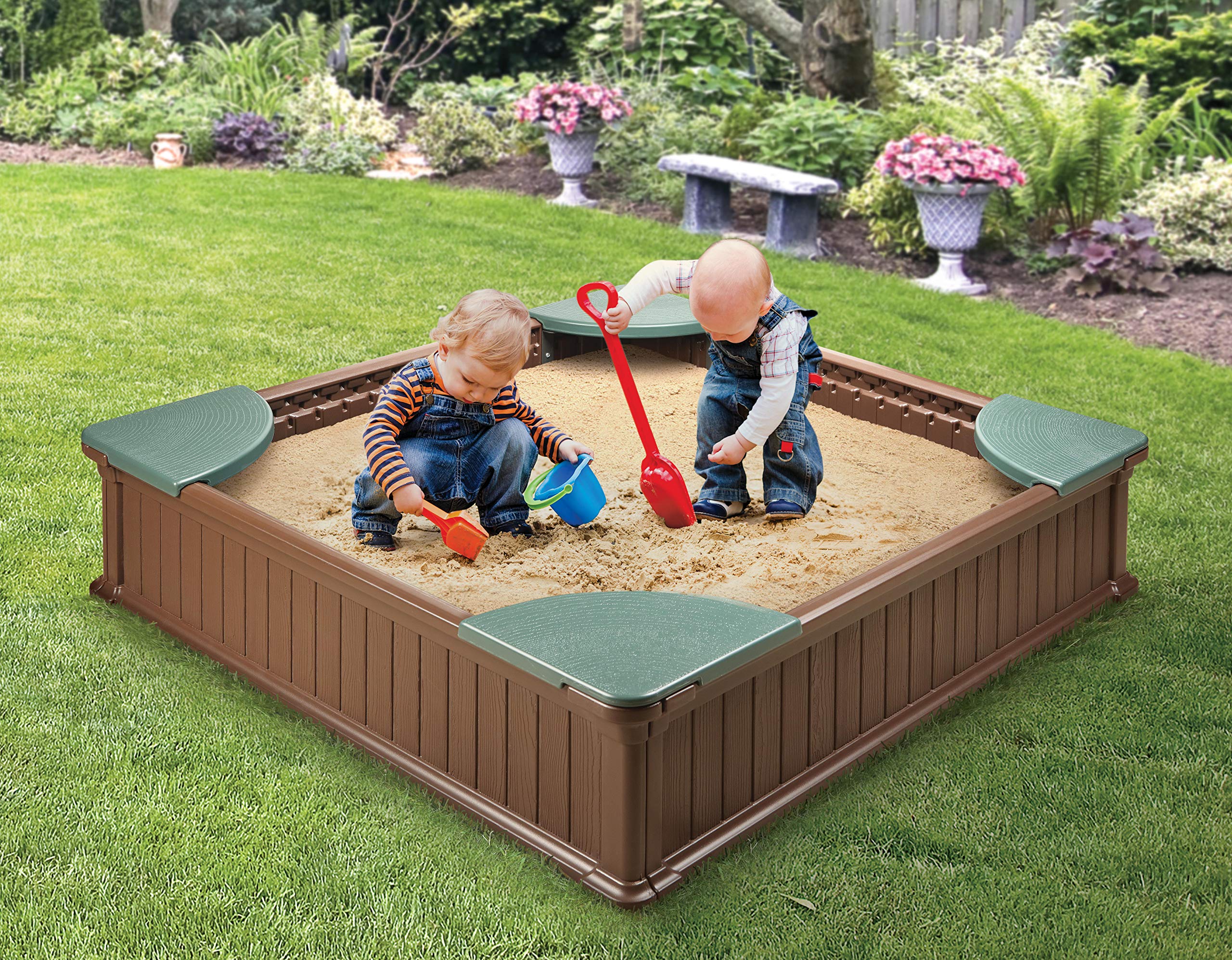Badger Basket Woodland 2-in-1 Kids Outdoor Sandbox or Garden and Vegetable Planter, Outdoor Play Equipment - Brown/Green
