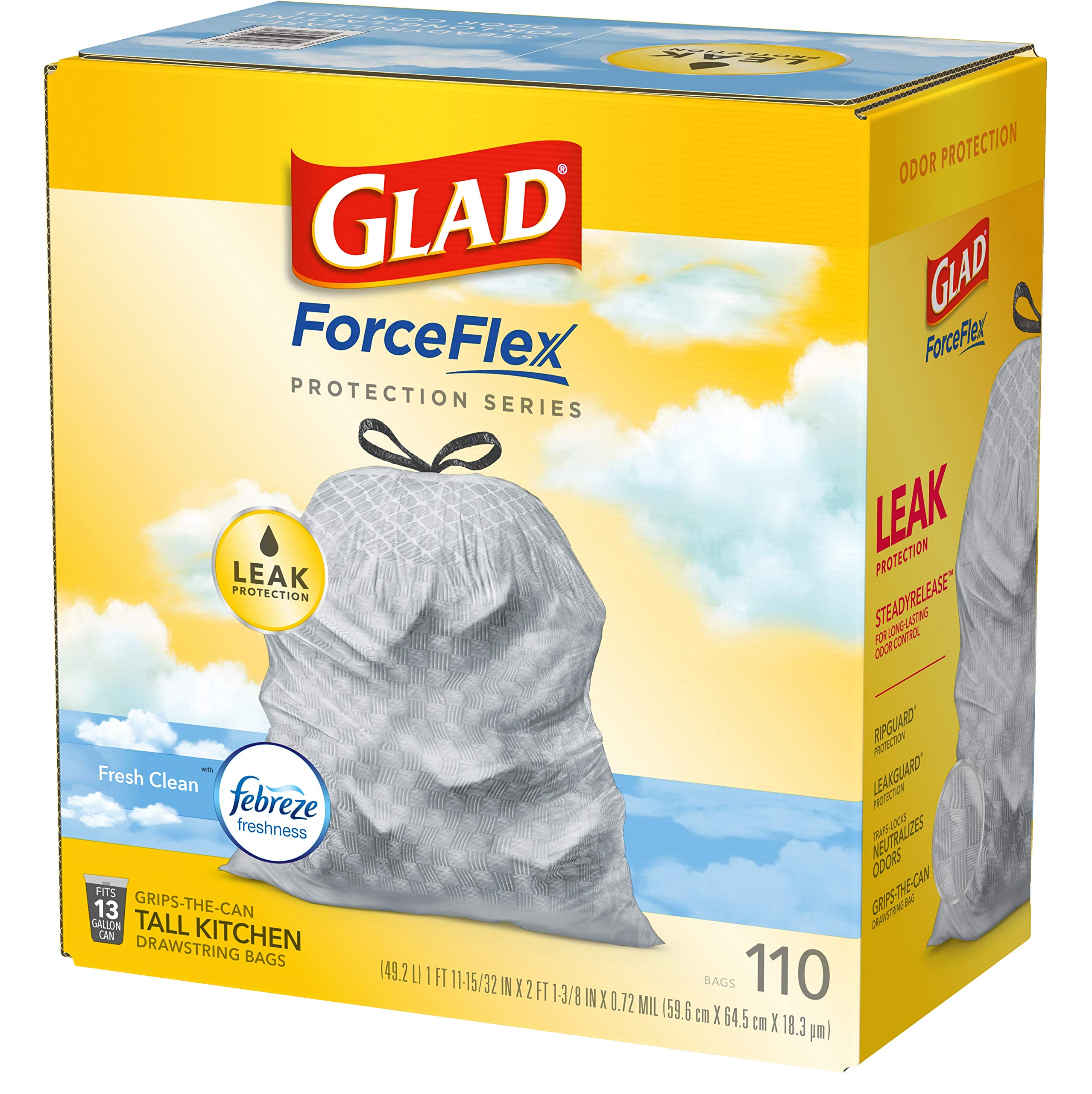 Glad ForceFlex Protection Series, Tall Kitchen Trash Bags, 13 Gal, Fresh Clean with Febreze, 110 Count (Packaging May Vary)