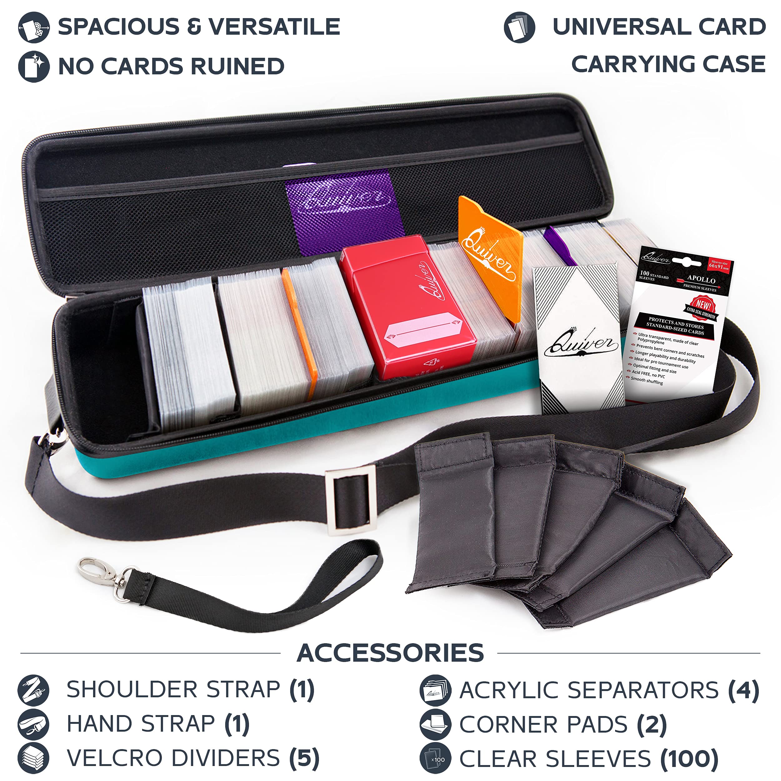 Teal Quiver Card Carrying Case - Playing Card Case Holder for Trading Cards, MTG Card Storage Bag Deck Box Card Case (+Wrist & Shoulder Strap, Dividers & Separators + 100 Apollo Card Sleeves)