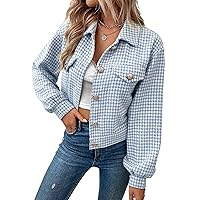 Women's Grid Plaid Cropped Shacket Casual Wool Blend Button Down Shirt Jackets Fall Tops