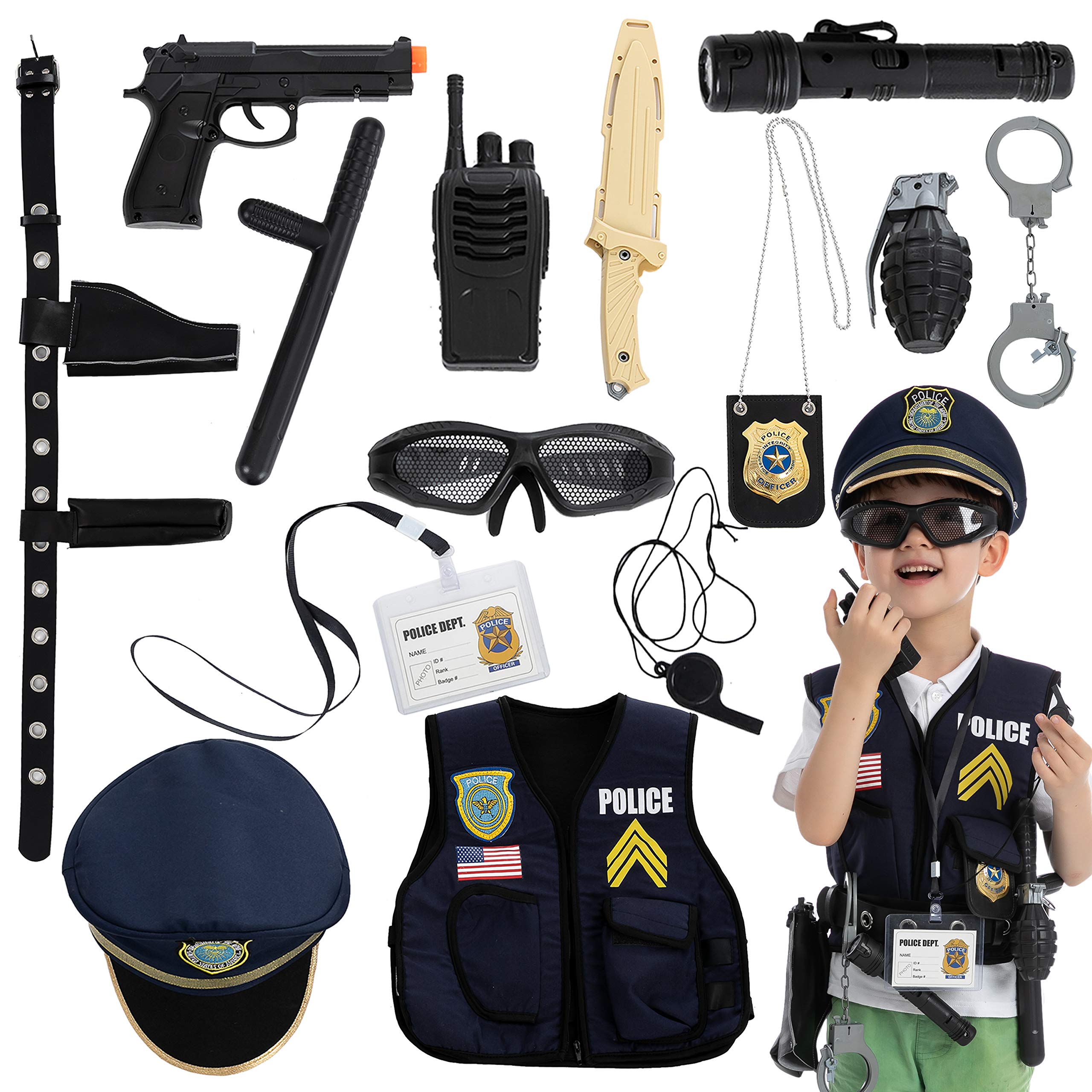 JOYIN 14 Pcs Police Pretend Play Toys Hat and Uniform Outfit for Halloween Dress Up Party, Police Officer Costume, Role-playing