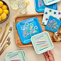 Hallmark Blue and Mint Green Birthday Party Supplies (16 Square Dinner Plates, 16 Square Dessert Plates, 16 Beverage Napkins, 16 Dinner Napkins) Stars and Candles