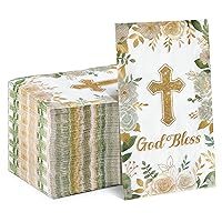 GROBRO7 100 Pcs God Bless Baptism White Gold Napkins First Communion Disposable Guest Towels 3 Ply Bathroom Restaurant Paper Hand Tissue for Easter Holiday Baby Shower Christening Party Supplies