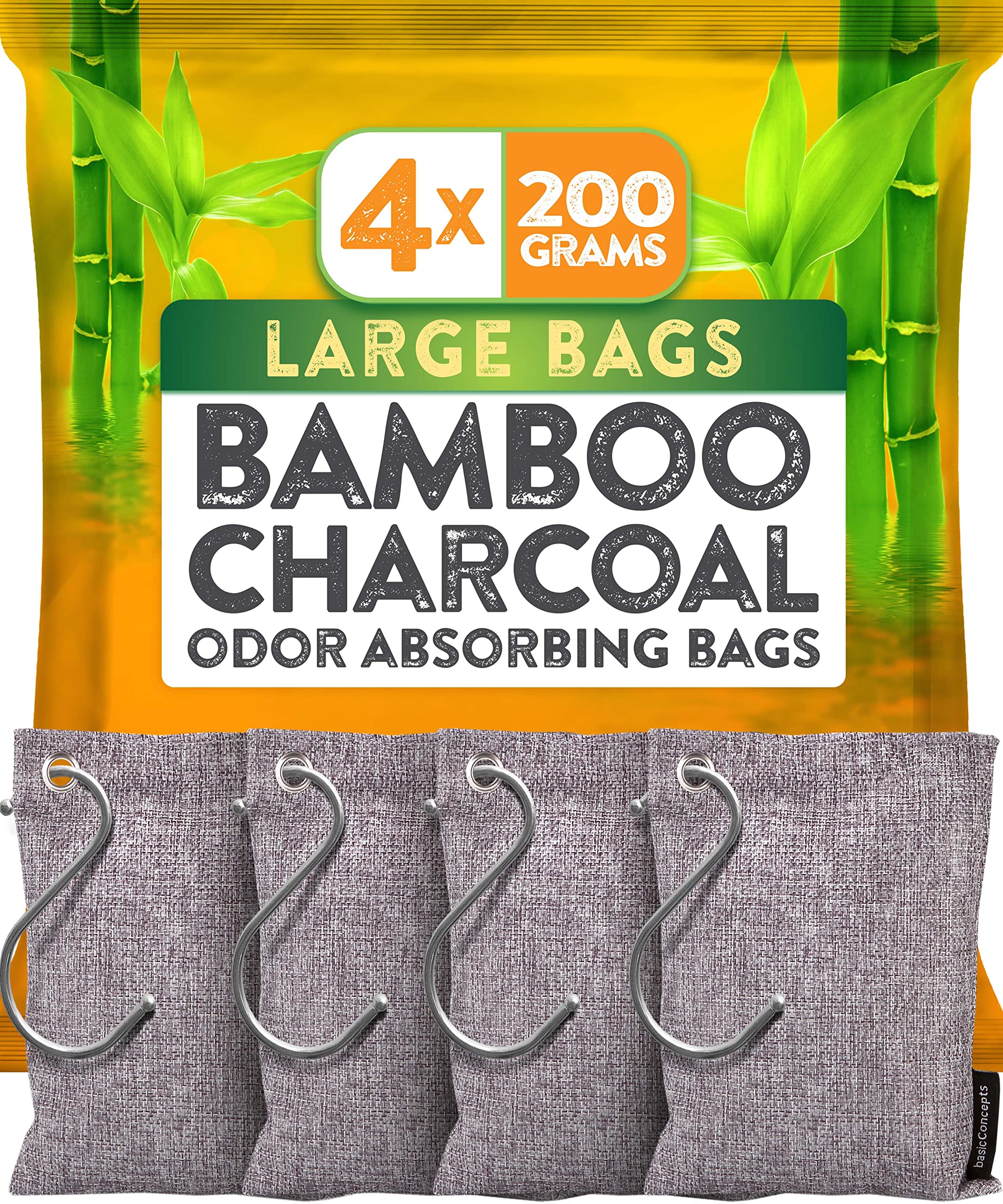 Charcoal Odor Absorber for Strong Odor (Large, 4 Pack, 200g each), Bamboo Charcoal Air Purifying Bag, Activated Charcoal Odor Absorber for Closet, Shoe, Car, Basement Musty Odor Eliminator Deodorizer