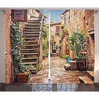Ambesonne Italian Curtains, View of Old Mediterranean Street Stone Rock Houses in Italy City Rural Print, Living Room Bedroom Window Drapes 2 Panel Set, 108