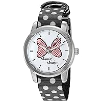 Disney Minnie Mouse Women's Silver Alloy Watch, Reversible Black with White Polka Dot Nylon Strap, W002878