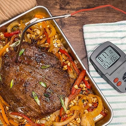 Taylor Programmable with Timer Instant Read Wired Probe Digital, Meat, Food, Grill BBQ Cooking Kitchen Thermometer with Timer, Gray