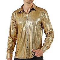 WULFUL Men Dress Shirt Sequins Long Sleeve Button Down Shirt Luxury Disco Party Nightclub Christmas Prom Costume