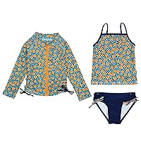 SwimZip Girls' UPF 50+ 3-Piece Long Sleeve Rash Guard, Tankini, & Bikini Bottoms