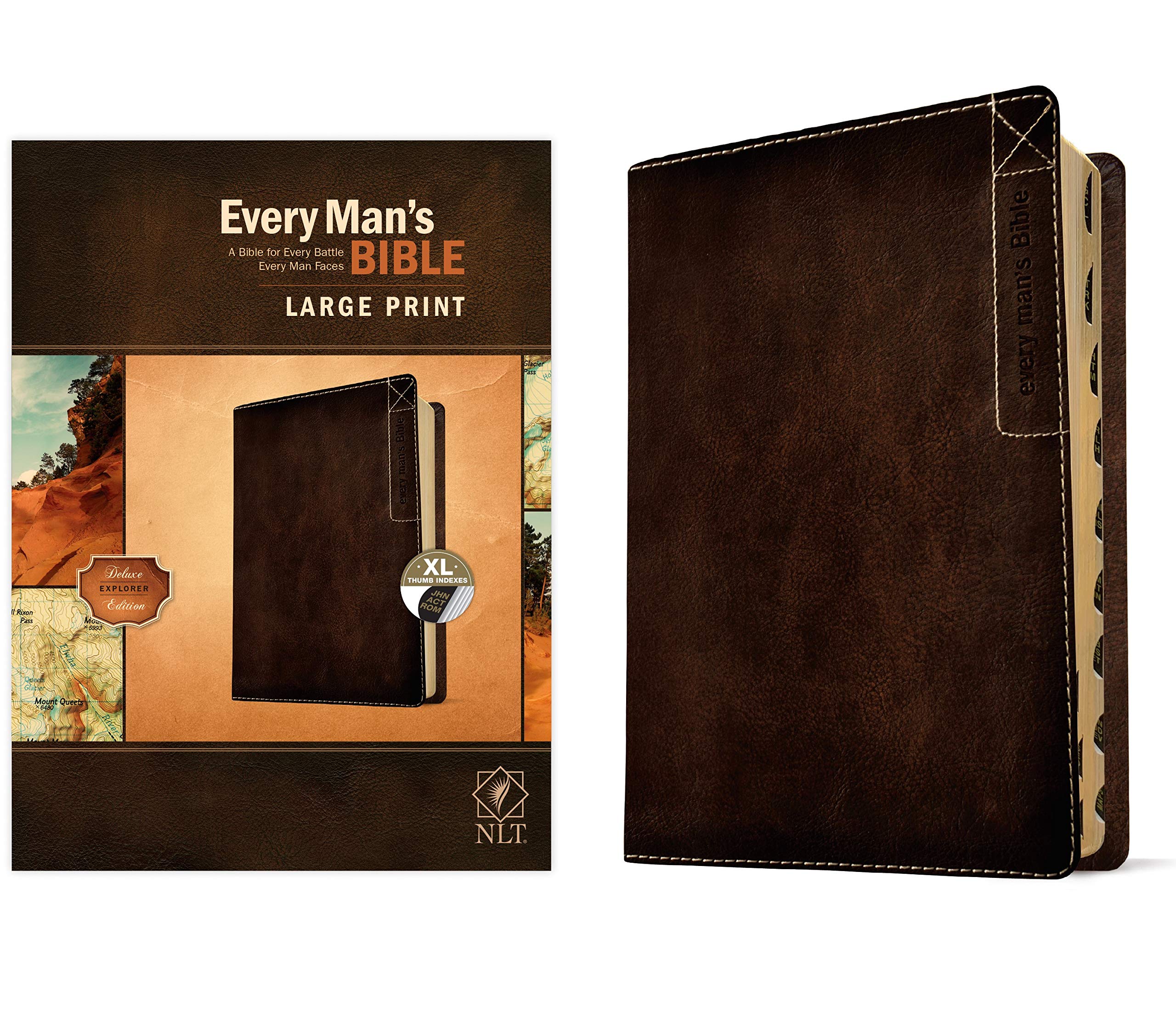 Every Man’s Bible NLT, Large Print, Deluxe Explorer Edition (LeatherLike, Rustic Brown, Indexed)