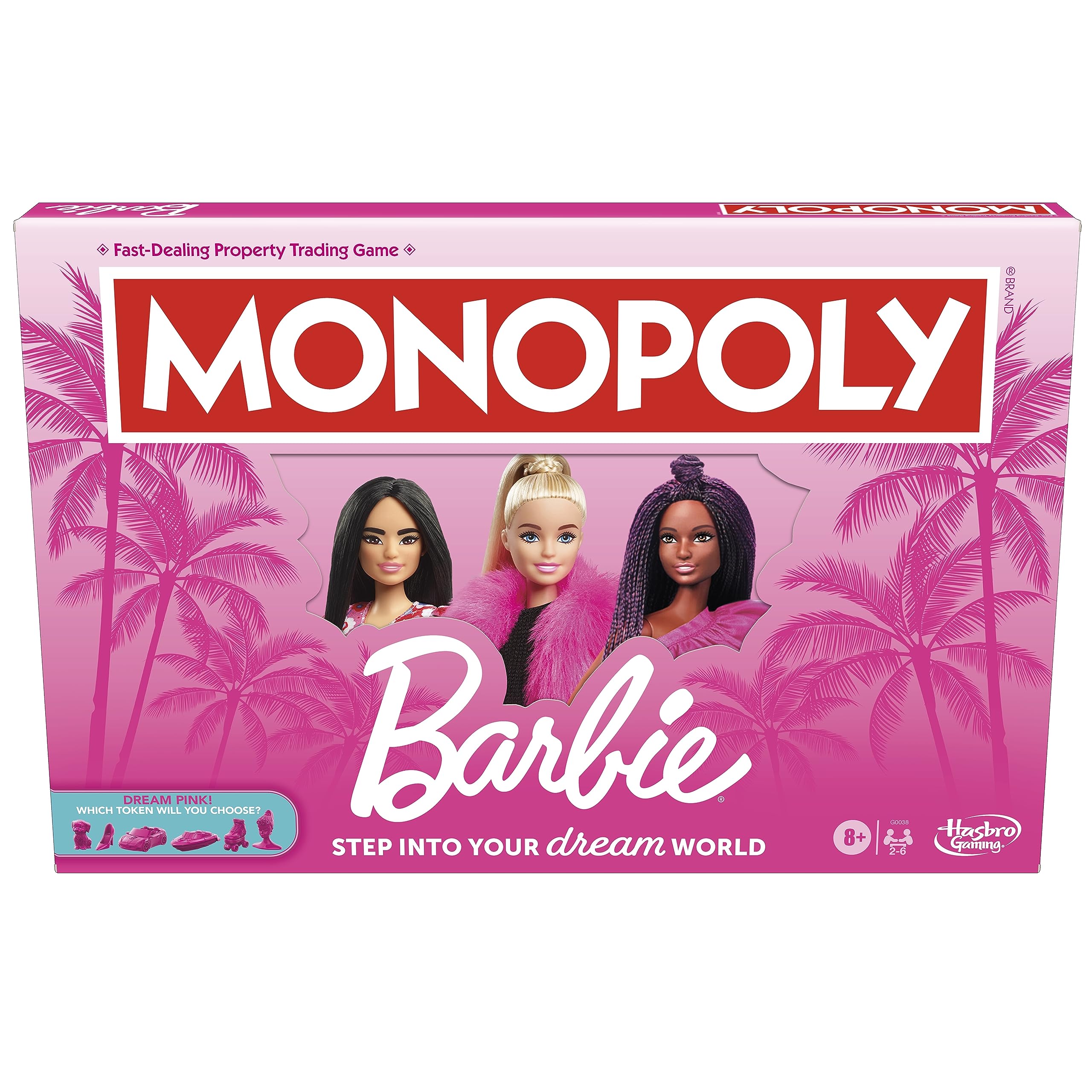 Monopoly: Barbie Edition Board Game, Ages 8+, 2-6 Players, Fun Family Games for Kids and Adults, with 6 Barbie-Themed Pink Zinc Tokens, Kids Gifts