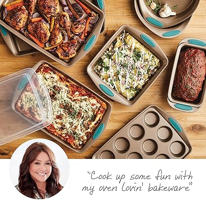 Rachael Ray Cucina Bakeware Set Includes Nonstick Bread Baking Cookie Sheet and Cake Pans, 5 Piece, Latte Brown with Agave Blue Grips