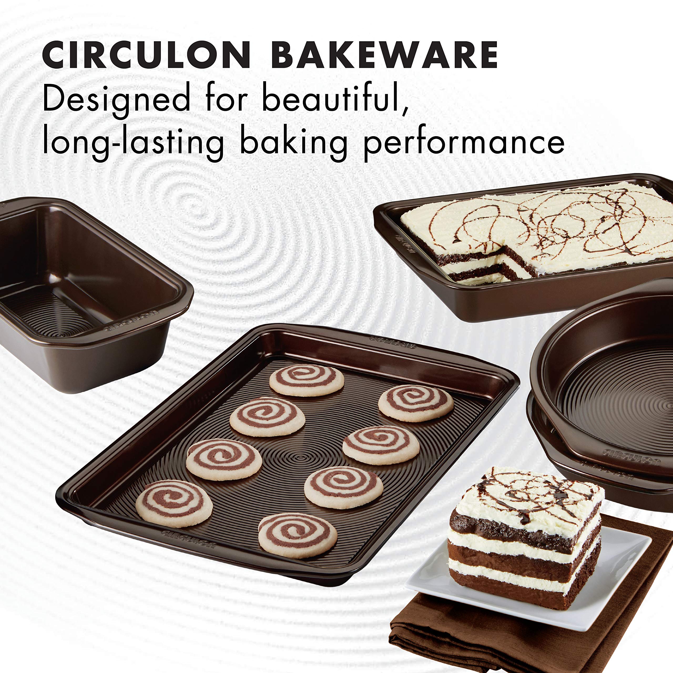 Circulon Nonstick Bakeware Set with Nonstick Cookie Sheet, Bread Pan, Bakings Pan and Cake Pans - 5 Piece, Chocolate Brown