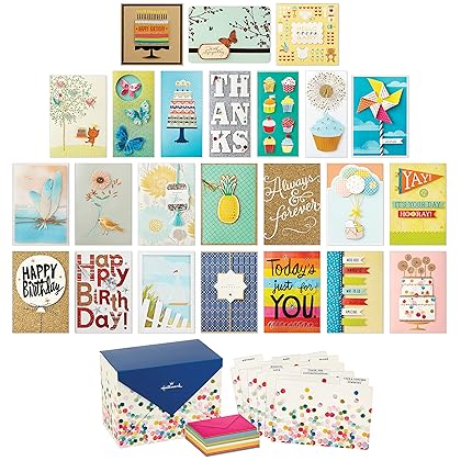 Hallmark All Occasion Cards Assortment Box with Envelopes, Handmade Greeting Card Organizer Box with Dividers, Watercolor Dots (Pack of 24)