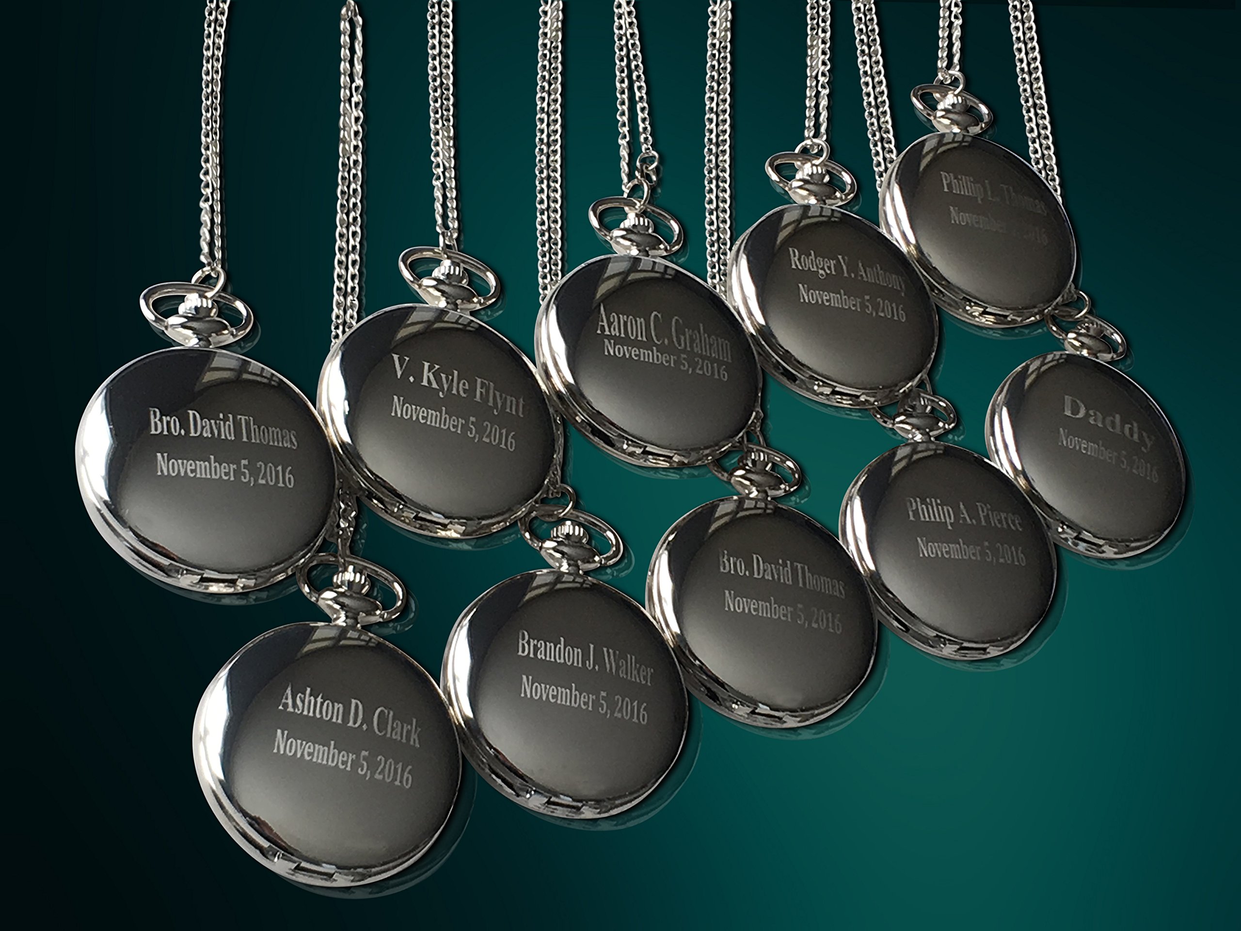 Personalized Pocket Watches, Set of 10 Groomsmen Wedding Unique Gifts, Chain, Box and Engraving Included, Comes in 4 Colors