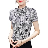 Women's Knit Lace Tops Fashion Crewneck Short Sleeve Floral Print Crochet Stretchy Blouses Elegant Formal Work Shirt
