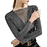 Bright Silk Mesh Tops for Women, Crewneck Long Sleeve See Through Rhinestone Patchwork Stretchy Shirts Elegant Work Blouses