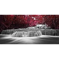 Home Wall Art Décor of Wide Waterfall and Red Leaves,Maple Leaves Canvas Prints Pictures Painting Artwork,Beautiful Black White and Red Landscape Paintings