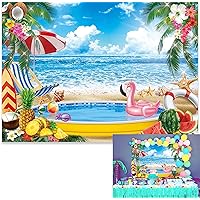 7x5ft Hawaii Swimming Pool Party Backdrop School's Out for The Summer Backdrop Sky Sea Beach Palm Tree Aloha Tropical Fruit Floral Bridal Baby Shower Birthday Photo Booth Decor