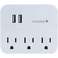 GE 3-Outlet Extender Surge Protector with 2 USB Ports, Charging Station, Wall Tap, Protected Indicator Light, 3-Prong, 560 Joules, 1.0AMP/5 Watt, Warranty, UL Listed, White, 14512