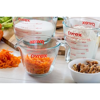 Pyrex Tempered Glass Liquid Measuring Cups Set, Includes 1-Cup, 2-Cup, 4-Cup, and 8-Cup, Dishwasher, Freezer, Microwave, and Preheated Oven Safe, Essential Kitchen Tools, 4 Piece