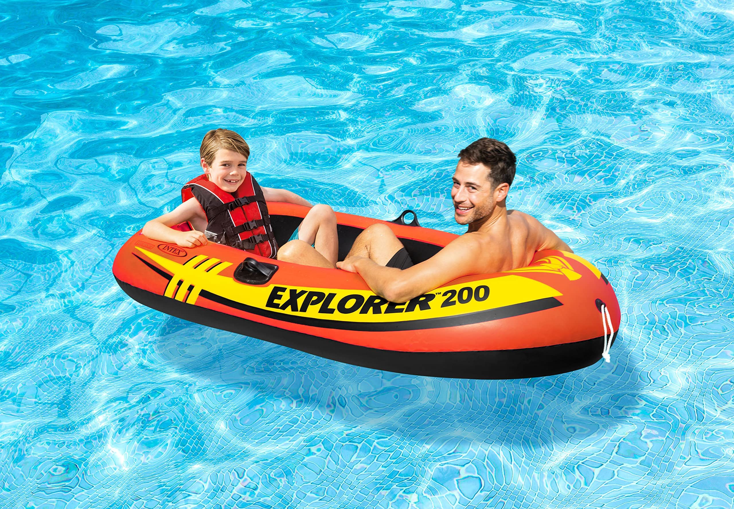 INTEX Explorer Inflatable Boat Series: Dual Air Chambers – Welded Oar Locks – Grab Handles – Bow Rope – Sporty Design