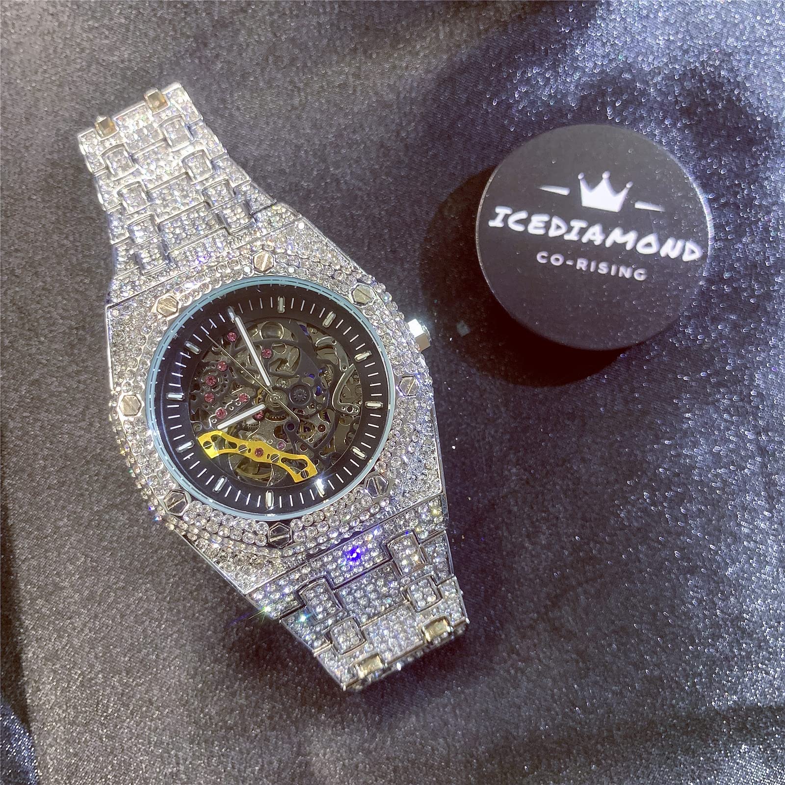 ICEDIAMOND 43MM Herren Full CZ Diamant Durchbrochene Handaufzug Automatik-Armbanduhr, Hip Hop vereiste Bling Zirkon Skelett Zifferblatt Luxusuhr