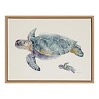 Kate and Laurel Sylvie Swim Along with Me Turtle Framed Linen Textured Canvas Wall Art by Cathy Zhang, 18x24 Natural