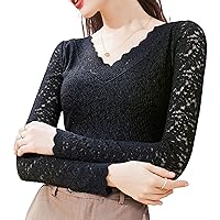 Women's Lace Tops Waves Long Sleeve Elegant Mesh Sheer Stretchy Hollow Out Blouses Casual Work Chiffon Shirts