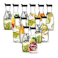 Party Bargains 50 oz. Plastic Carafe with Lids - Clear, 12 Count, Black Flip Tab Lid Premium Quality & Heavy Duty Plastic Pitcher for Iced Tea, Powdered Juice, Cold Brew, Mimosa Bar