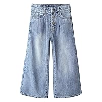 KIDSCOOL SPACE Girls' Wide-Leg Jeans,3 Buttons Front Elastic Band InsideSimple Design Flared Denim Pants