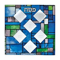 Rite Lite Stained Glass Seder Plate Passover Gift - Elegant & Modern Pesach Decoration Seder Dish Renaissance Style Recipe Hebrew & English Haggadah Traditional Jewish Holiday Party Plate Decor 13.75