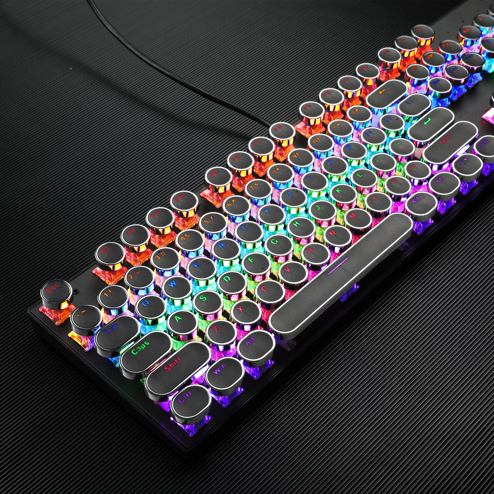 MageGee Typewriter Mechanical Gaming Keyboard, Retro Punk Round Keycaps with RGB Rainbow Backlit USB Wired Keyboards for Game and Office, for Windows Laptop PC Mac - Blue Switches/Black