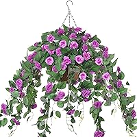 Artificial Hanging Flower in Basket, 4 Branches Fake Roses Vine Flower in 12 inch Coconut Lining Outdoor Indoor Courtyard Lawn Garden Decor(Purple)