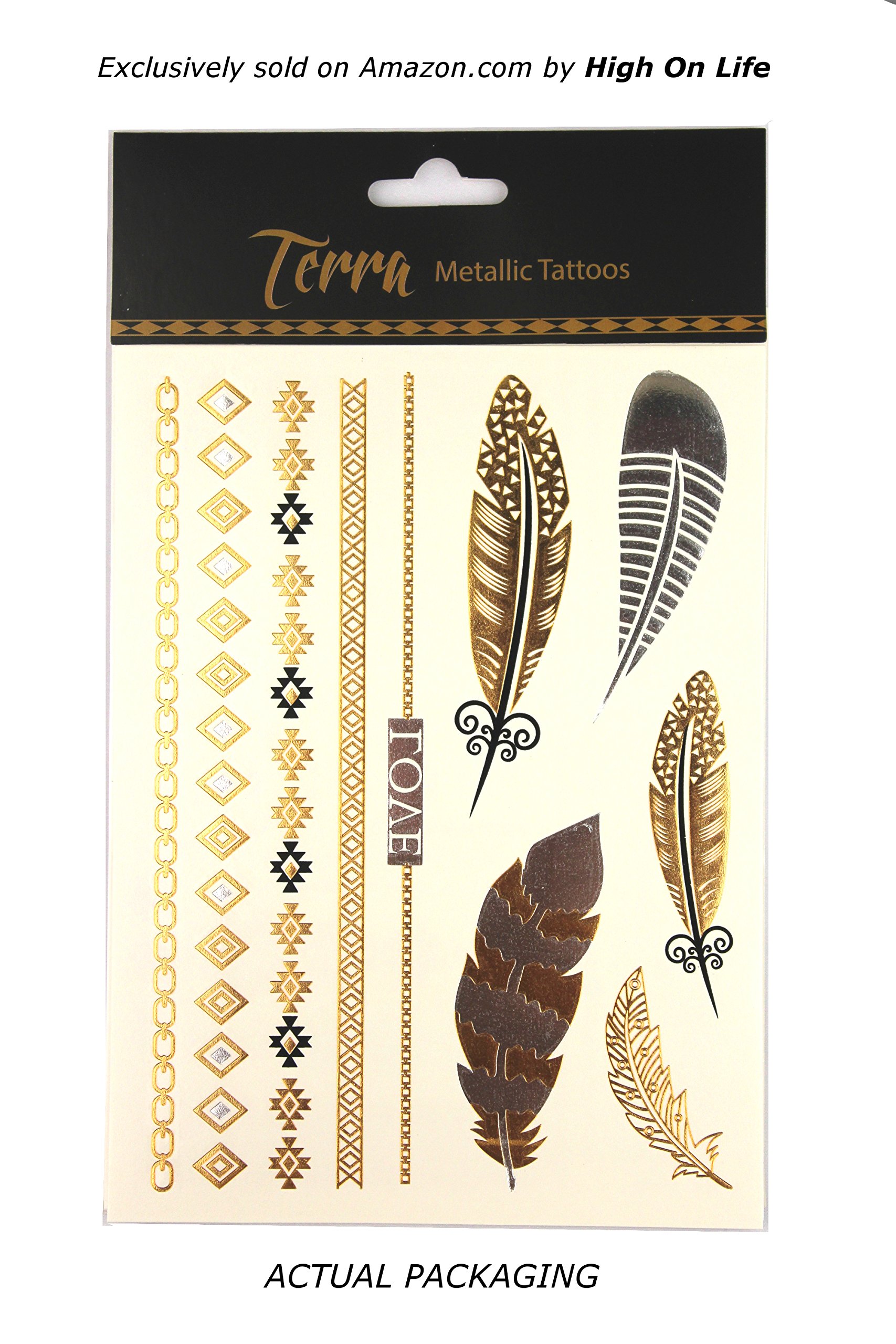 Terra Tattoos Gold Turquoise Metallic Temporary Tats 75+ Boho Henna Designs Feathers, Stars, Birds - Waterproof Nontoxic Long Lasting Perfect for Beach, Festivals, & more!