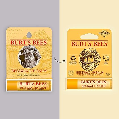 Burt's Bees Lip Balm, Moisturizing Lip Care, for All Day Hydration, 100% Natural, Original Beeswax with Vitamin E & Peppermint Oil (4 Pack)