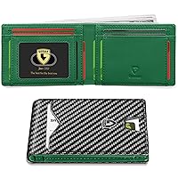 GSOIAX Mens Slim Wallet for Men Minimalist Genuine Leather Carbon Fiber Rfid Blocking Bifold Credit Card Holder With Gift Box (Green and Carbon Black)