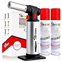 Jo Chef Kitchen Torch With Butane included, Refillable Torch, Creme Brulee Blow Lighter gun Safety Lock & Adjustable Flame, Culinary Cooking for Food, 2 Cans Included