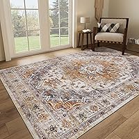 5x7 Area Rugs for Living Room,Stain Resistant Washable Rug,Non-Slip Backing Rugs for Bedroom,Kitchen,Printed Vintage Home Decor Rug (Turmeric/Grey, 5'x7')