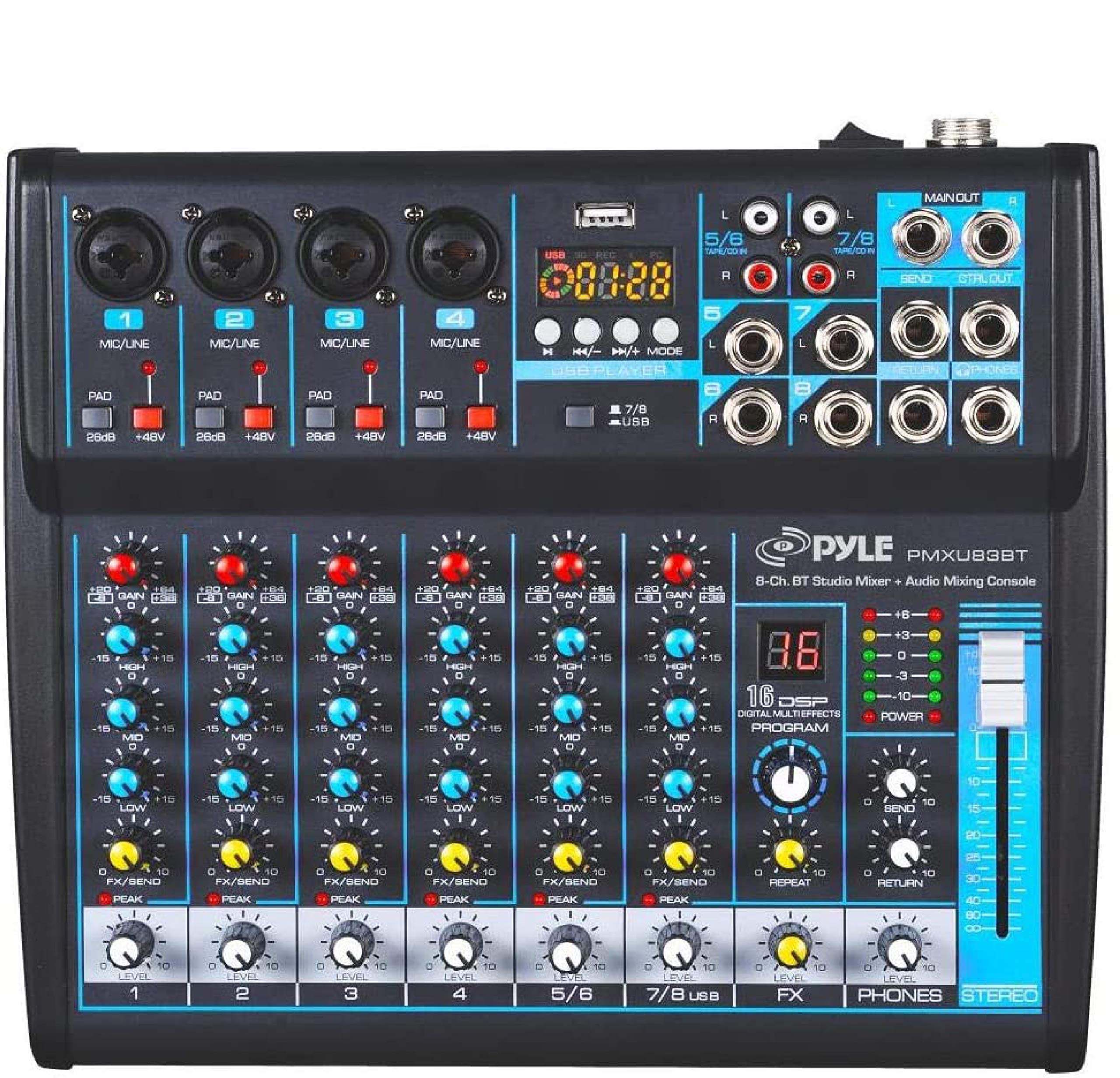 Pyle Professional Audio Mixer Sound Board Console Desk System Interface 8 Channel Digital USB Bluetooth MP3 Computer Input 48V Phantom Power Stereo DJ Studio FX 16Bit DSP Processor PMXU83BT, Black