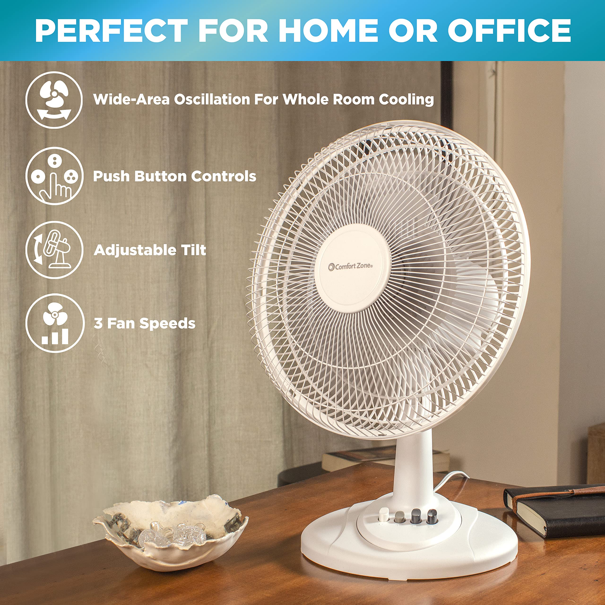 Comfort Zone CZ121WT 12” 3-Speed Oscillating Table Fan with Adjustable Tilt, Convenient Push Button Controls, Quiet Operation, White