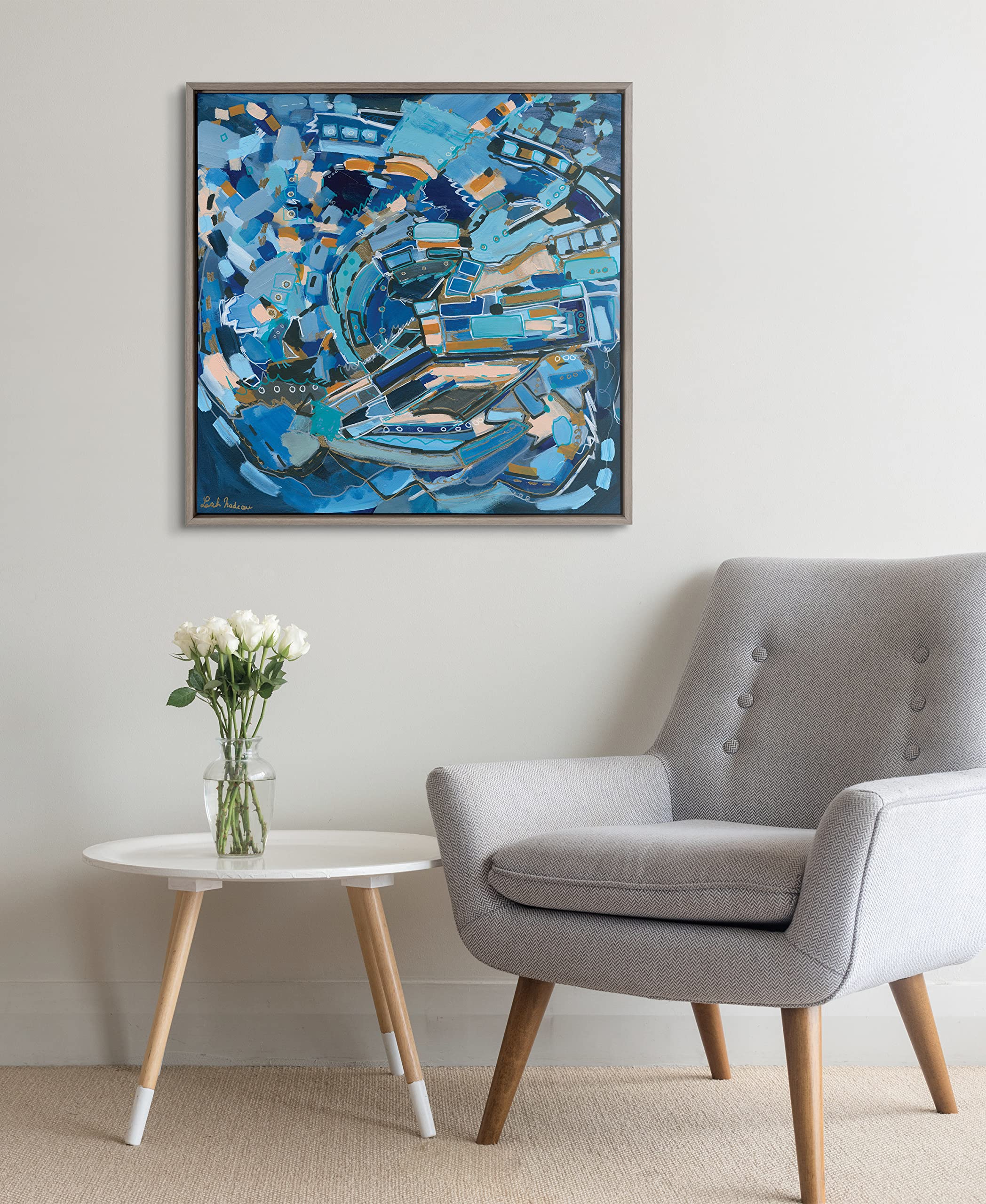 Kate and Laurel Sylvie Blue Dream Framed Canvas Wall Art by Leah Nadeau, 30x30 Gray, Decorative Abstract Art Print for Wall