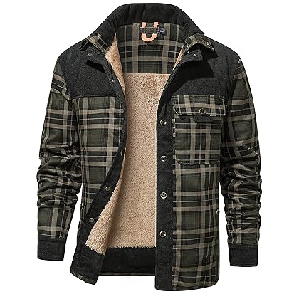 Flygo Men's Outdoor Casual Fleece Sherpa Lined Flannel Plaid Button Down Shirt Jacket