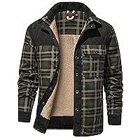 Flygo Men's Outdoor Casual Buck Fleece Sherpa Lined Flannel Camp Plaid Shirt Jacket(Green-L)