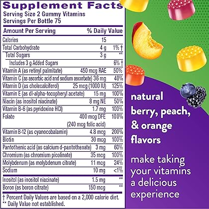 Vitafusion MultiVites Gummy Multivitamins for Adults with 12 Vitamins and Minerals, Berry, Peach and Orange Flavored, America’s Number 1 Gummy Vitamin Brand, 75 Day Supply, 150 Count