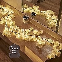 Hairui Lighted Garland with Timer White Cherry Blossom 96 Fairy Lights 6FT, Flower Garland with Lights Battery Operated for Fireplace Mantle Wedding Party Home Decoration
