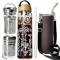 32oz Borosilicate Glass Water Bottle with Bamboo Lid and 2 Tea Infuser Sets for Fruit Infused Water and Cold Brew Coffee - Tea Strainer for Loose Leaf Tea (Flower)